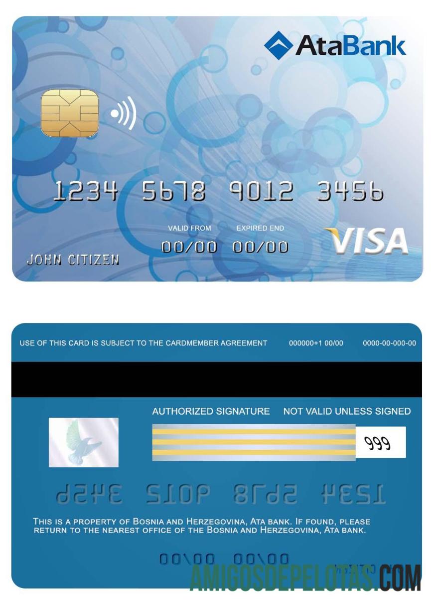 Cartão Visa Ata Bank da Bósnia e Herzegovina amostra